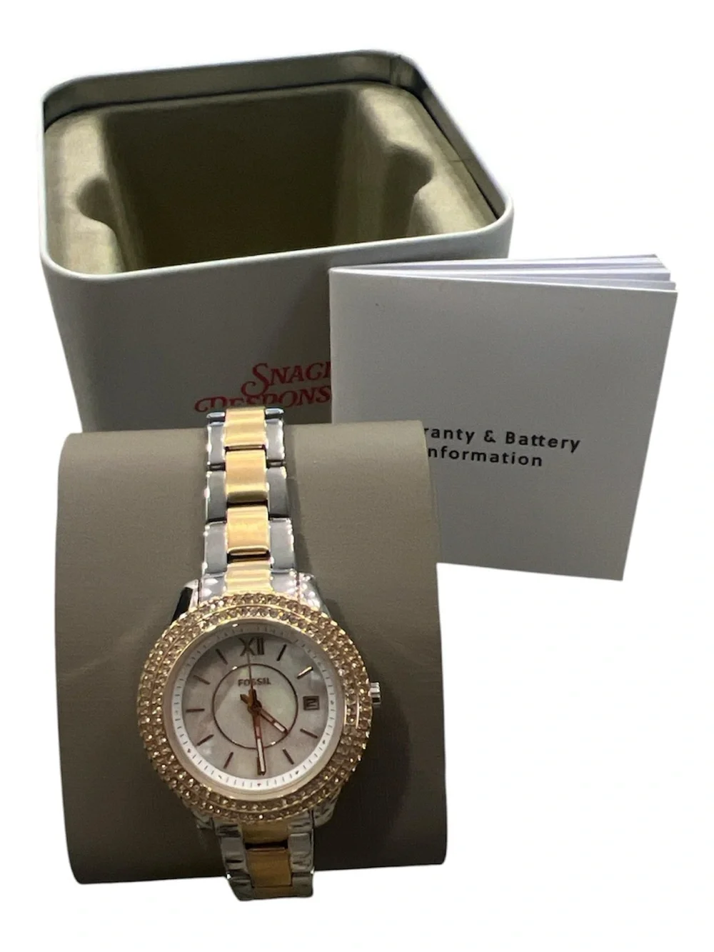 Fossil Scarlette ES5138 Women’s Watch Two-Tone Silver Gold Crystal Bezel (NWOT)